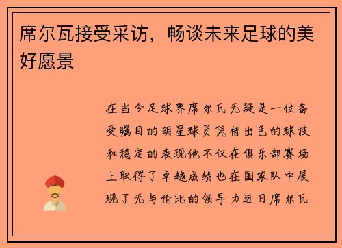 席尔瓦接受采访，畅谈未来足球的美好愿景