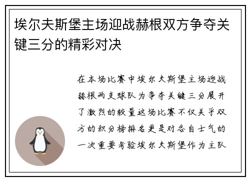 埃尔夫斯堡主场迎战赫根双方争夺关键三分的精彩对决